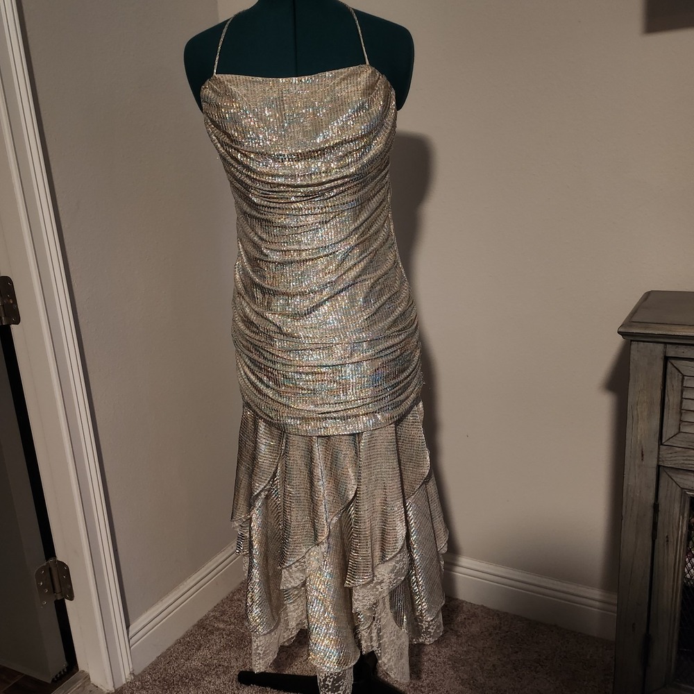 New Leaf by Samir VTG Womens Cocktail Disco Dress Iridescent  Tiered Sz 11/12